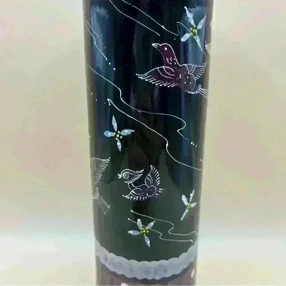 Wooden Hand Painted Black Tube Vase 10” Tall Brids Fine Craft Decor